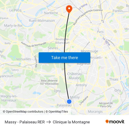 Massy - Palaiseau RER to Clinique la Montagne map