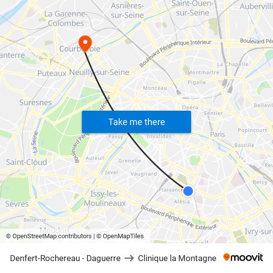 Denfert-Rochereau - Daguerre to Clinique la Montagne map