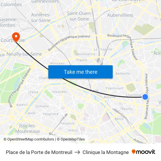 Place de la Porte de Montreuil to Clinique la Montagne map