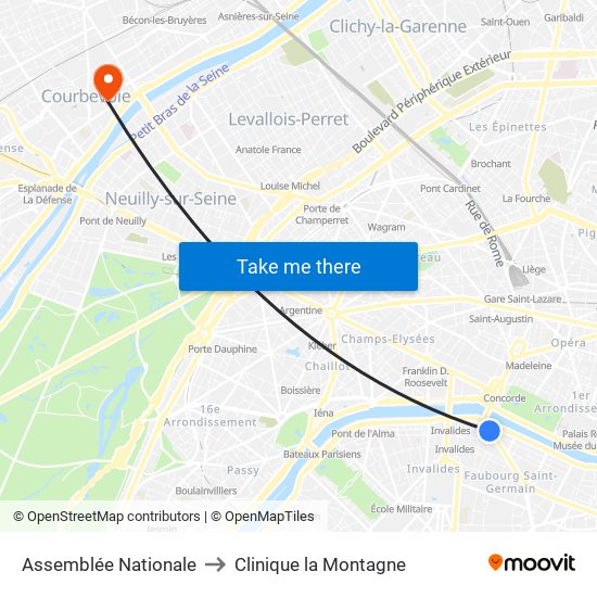 Assemblée Nationale to Clinique la Montagne map