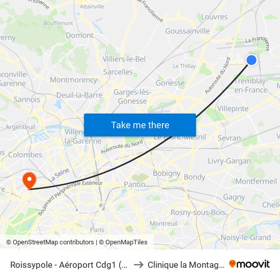 Roissypole - Aéroport Cdg1 (E2) to Clinique la Montagne map