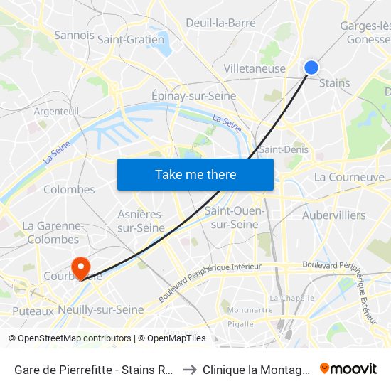 Gare de Pierrefitte - Stains RER to Clinique la Montagne map