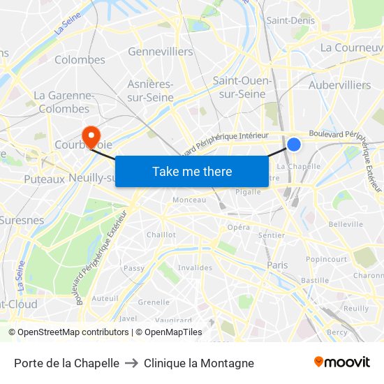 Porte de la Chapelle to Clinique la Montagne map