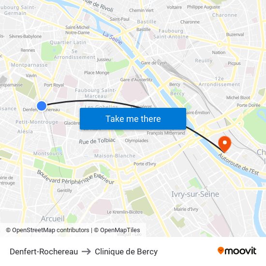 Denfert-Rochereau to Clinique de Bercy map