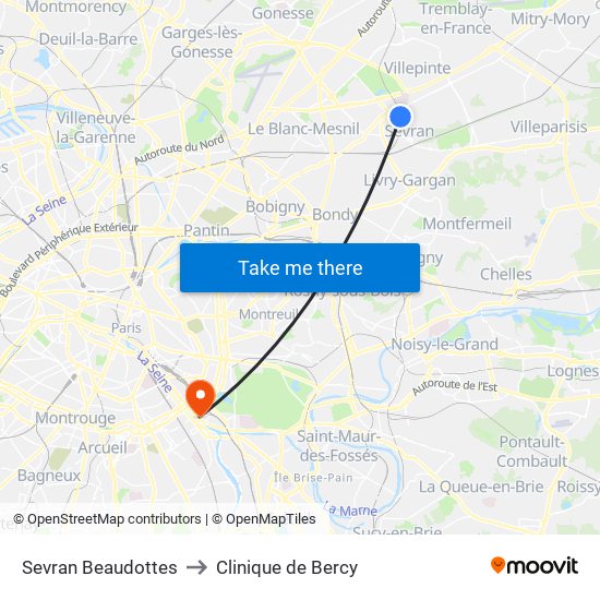 Sevran Beaudottes to Clinique de Bercy map