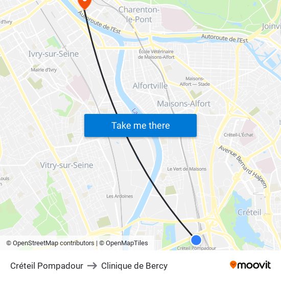 Créteil Pompadour to Clinique de Bercy map