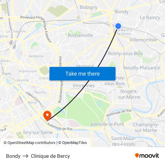 Bondy to Clinique de Bercy map