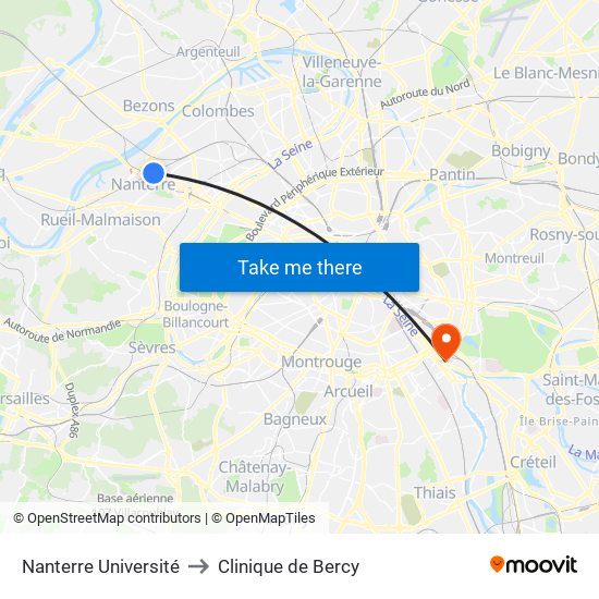 Nanterre Université to Clinique de Bercy map