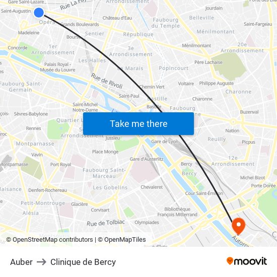 Auber to Clinique de Bercy map