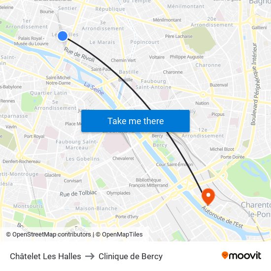 Châtelet Les Halles to Clinique de Bercy map