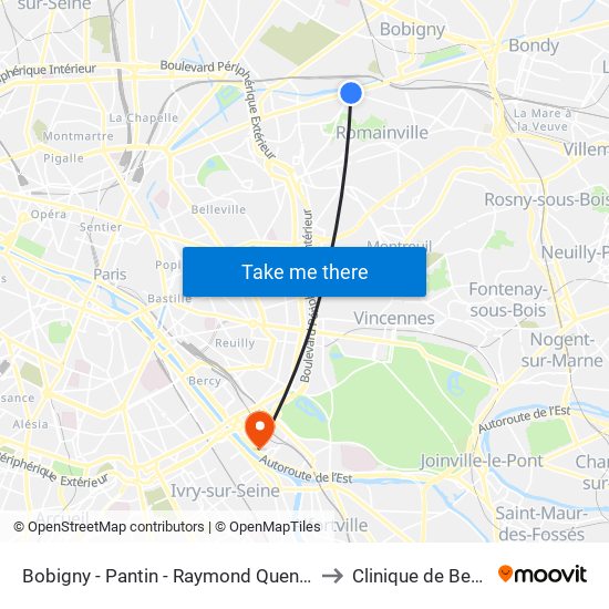 Bobigny - Pantin - Raymond Queneau to Clinique de Bercy map