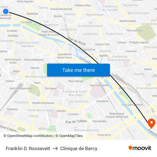 Franklin D. Roosevelt to Clinique de Bercy map