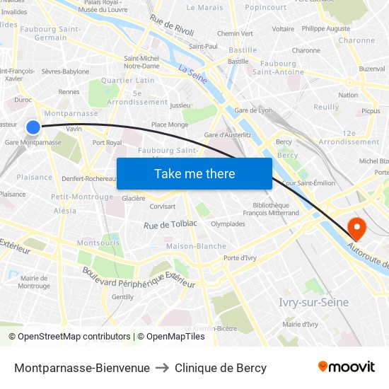 Montparnasse-Bienvenue to Clinique de Bercy map