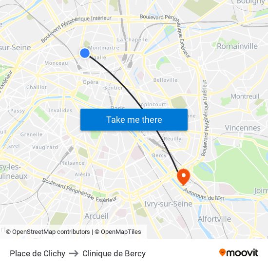 Place de Clichy to Clinique de Bercy map