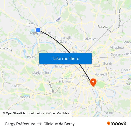 Cergy Préfecture to Clinique de Bercy map