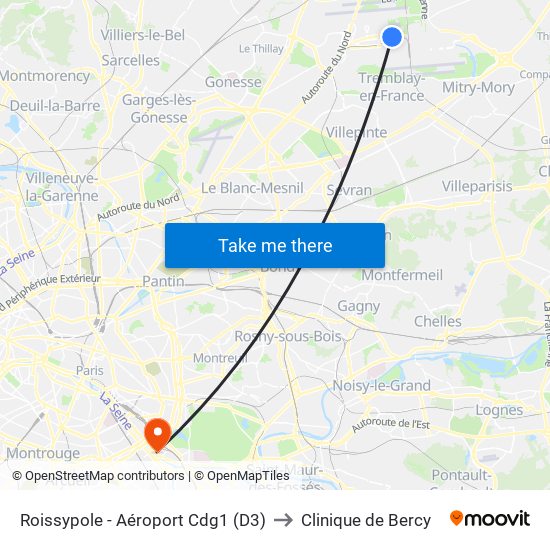 Roissypole - Aéroport Cdg1 (D3) to Clinique de Bercy map
