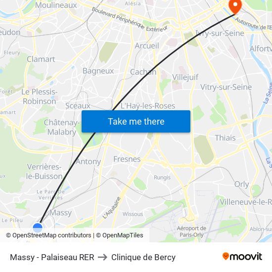 Massy - Palaiseau RER to Clinique de Bercy map