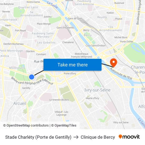 Stade Charléty (Porte de Gentilly) to Clinique de Bercy map