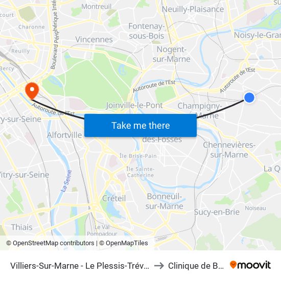 Villiers-Sur-Marne - Le Plessis-Trévise RER to Clinique de Bercy map
