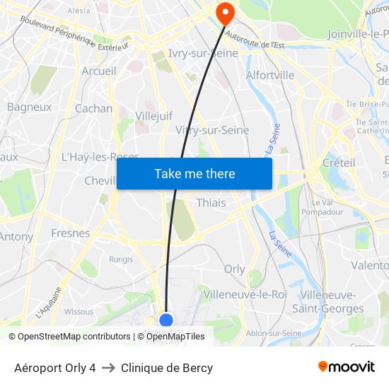 Aéroport Orly 4 to Clinique de Bercy map