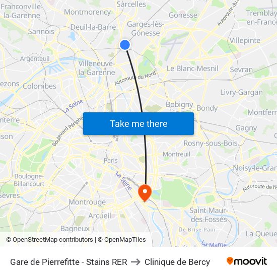 Gare de Pierrefitte - Stains RER to Clinique de Bercy map