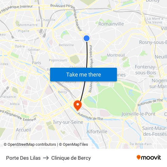 Porte Des Lilas to Clinique de Bercy map