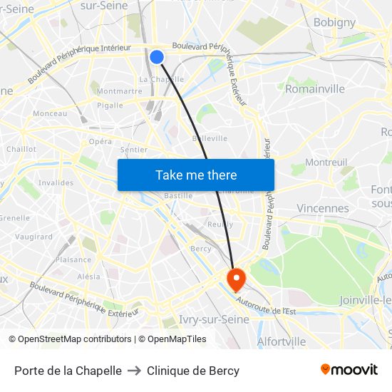 Porte de la Chapelle to Clinique de Bercy map