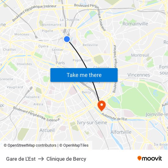 Gare de L'Est to Clinique de Bercy map
