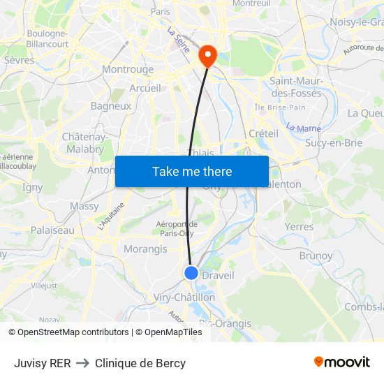 Juvisy RER to Clinique de Bercy map