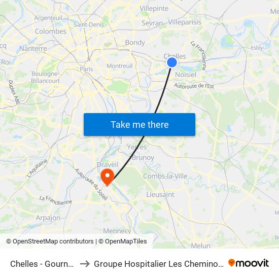 Chelles - Gournay to Groupe Hospitalier Les Cheminots map