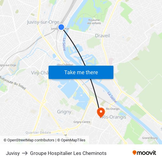 Juvisy to Groupe Hospitalier Les Cheminots map