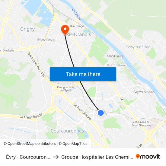 Évry - Courcouronnes to Groupe Hospitalier Les Cheminots map