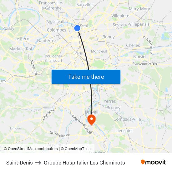 Saint-Denis to Groupe Hospitalier Les Cheminots map