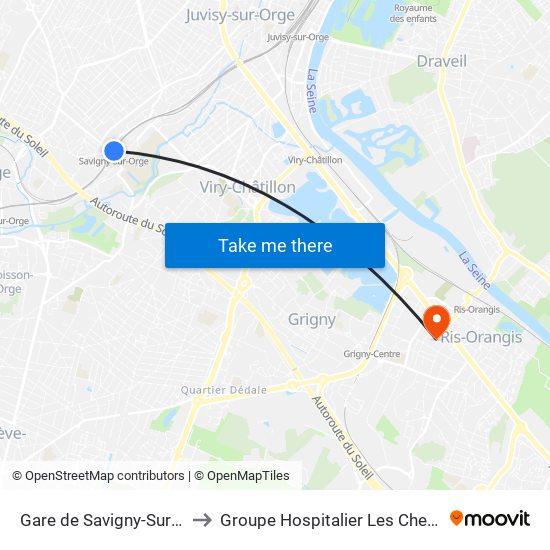 Gare de Savigny-Sur-Orge to Groupe Hospitalier Les Cheminots map