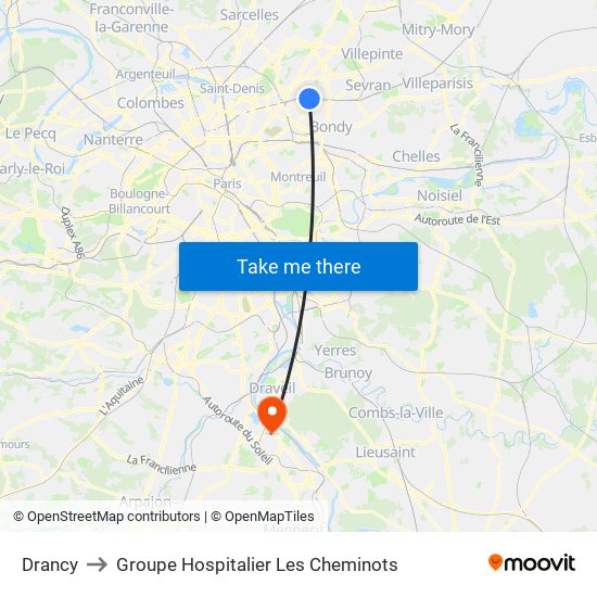 Drancy to Groupe Hospitalier Les Cheminots map