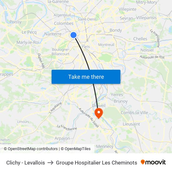 Clichy - Levallois to Groupe Hospitalier Les Cheminots map