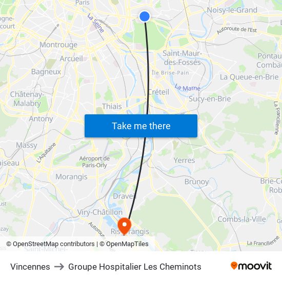 Vincennes to Groupe Hospitalier Les Cheminots map