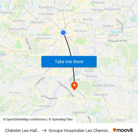 Châtelet Les Halles to Groupe Hospitalier Les Cheminots map