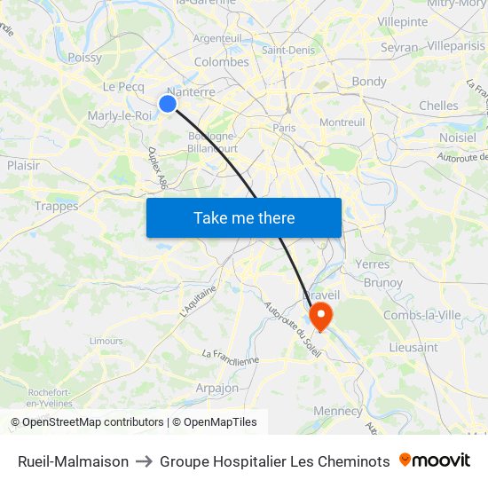Rueil-Malmaison to Groupe Hospitalier Les Cheminots map
