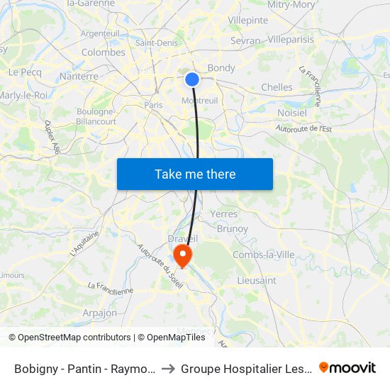 Bobigny - Pantin - Raymond Queneau to Groupe Hospitalier Les Cheminots map