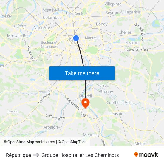 République to Groupe Hospitalier Les Cheminots map