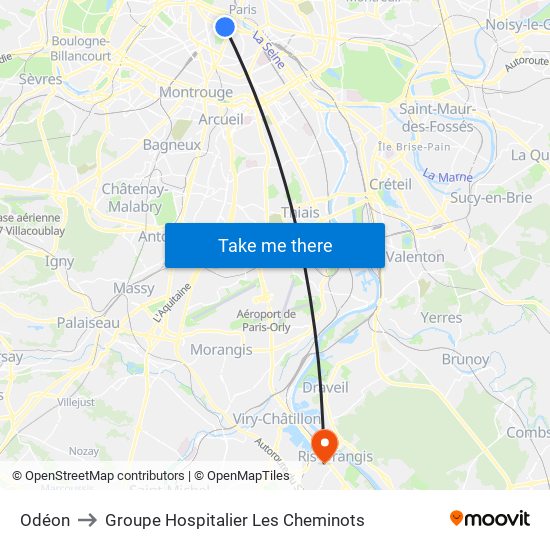 Odéon to Groupe Hospitalier Les Cheminots map