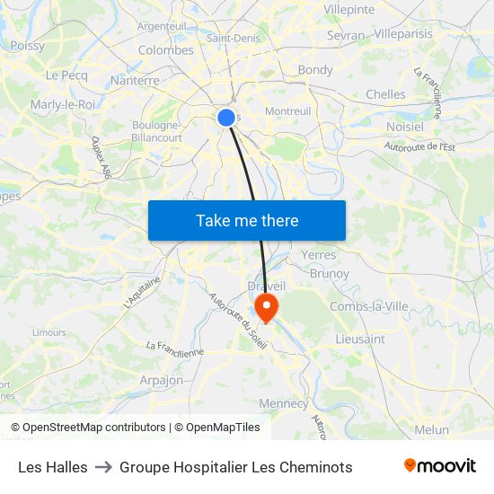 Les Halles to Groupe Hospitalier Les Cheminots map