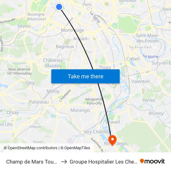 Champ de Mars Tour Eiffel to Groupe Hospitalier Les Cheminots map