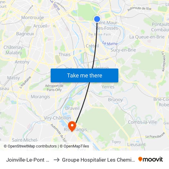Joinville-Le-Pont RER to Groupe Hospitalier Les Cheminots map