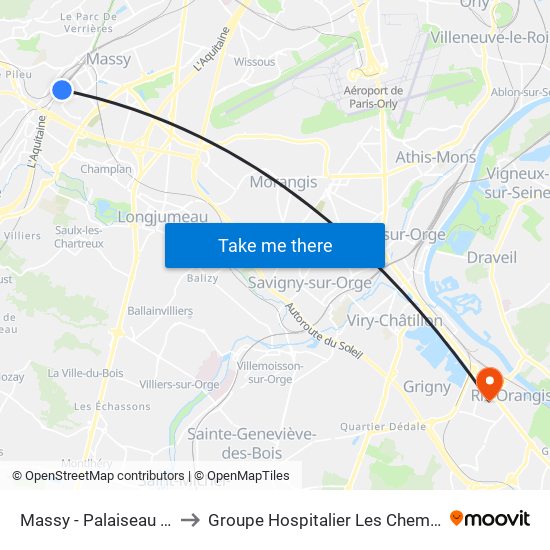 Massy - Palaiseau RER to Groupe Hospitalier Les Cheminots map