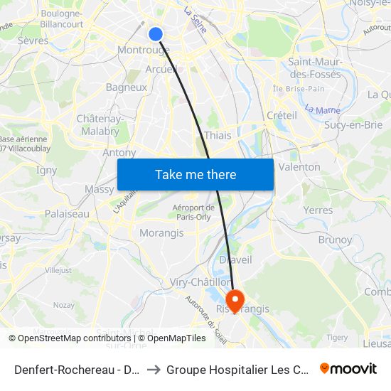 Denfert-Rochereau - Daguerre to Groupe Hospitalier Les Cheminots map