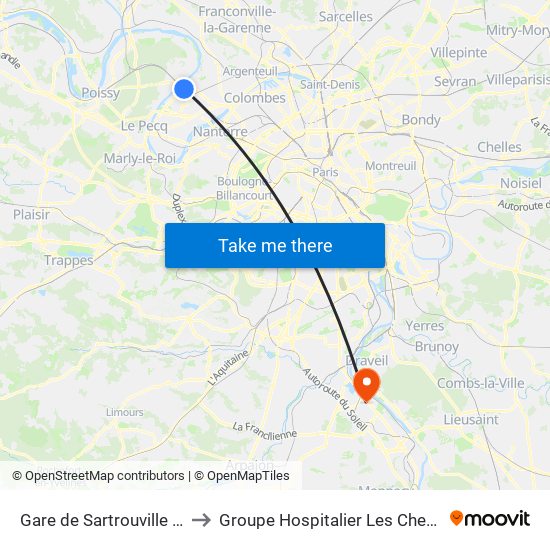 Gare de Sartrouville - RER to Groupe Hospitalier Les Cheminots map