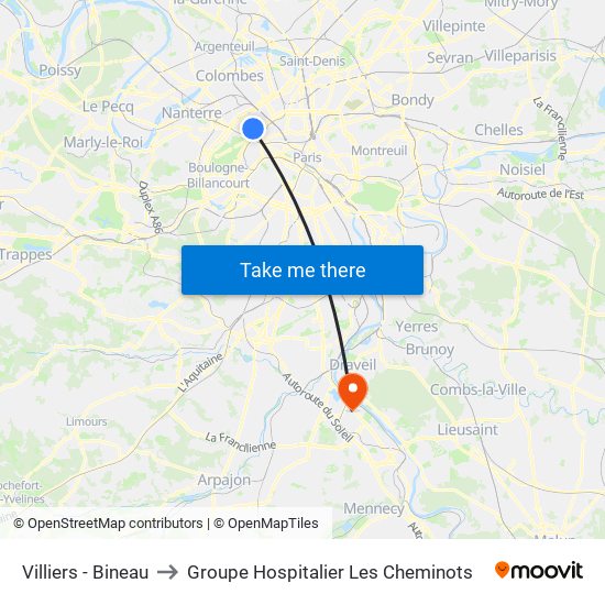 Villiers - Bineau to Groupe Hospitalier Les Cheminots map