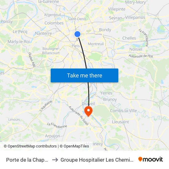 Porte de la Chapelle to Groupe Hospitalier Les Cheminots map